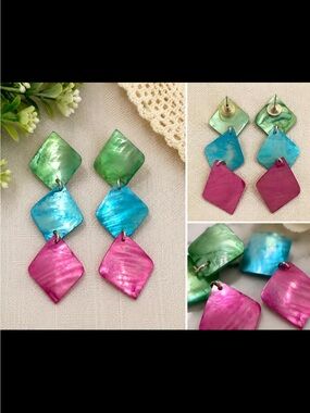 Triple-Drop Shell Dangle Earrings in Green, Blue & Pink